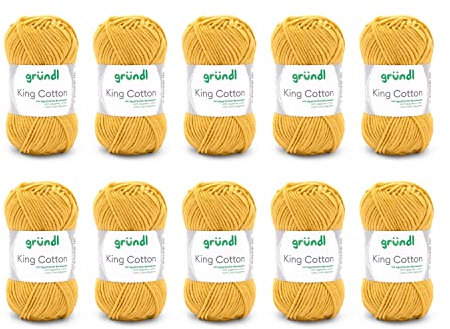 Gründl Wolle King Cotton - dicke Wolle zum Stricken - Strickgarn - Häkelgarn - weich und hautfreundlich - 55% Polyacryl, 45% Baumwolle - 10 Knäuel 50 g / 78 m - Nadelstärke 6-7 - gold