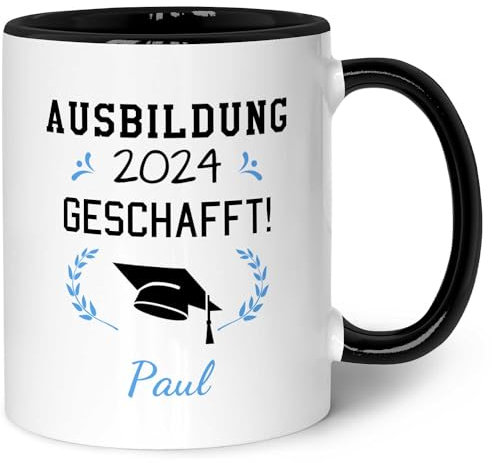Bedruckte Tasse mit Spruch - Examen geschafft - Geschenk zum Abschluss oder Sieg - Geschenk für Studenten Schüler Sportler Freunde zum Erfolg - für Sie & Ihn - Schwarz & Weiß