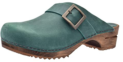 Sanita Urban Offener Clog | Original handgemacht | Leder-Holzclogs für Damen | Nachhaltige Materialen | Grün | 41 EU