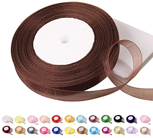 POPOYU Ruban en organza transparent de 45 m de long pour travaux manuels, fabrication de couronnes, nœuds pour cheveux, emballage cadeau, mariage - Café - 15 mm