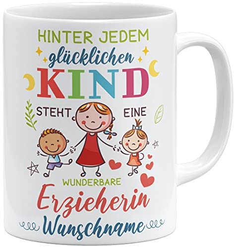 OM3® hinter jedem glücklichen Kind steht eine wunderbare Erzieherin Tasse Geschenkidee personalisiertes Geschenk Name personalisierbar | Keramik Becher | 11oz 325ml | Beidseitig Bedruckt | Weiss