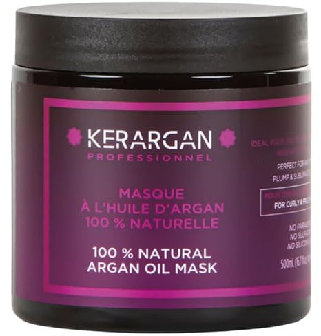 Kerargan - Maschera Disciplinante all'Olio di Argan per Capelli Indisciplinati, Secchi e Crespi - Nutre, Combatte l'Effetto Crespo, Districante - Senza Solfati, OGM, Olio Minerale - 500ml