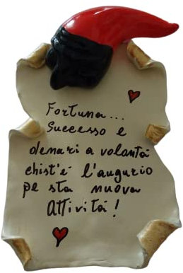 cornetto corno portafortuna con pergamena e frase IN CERAMICA (ceramica 1)