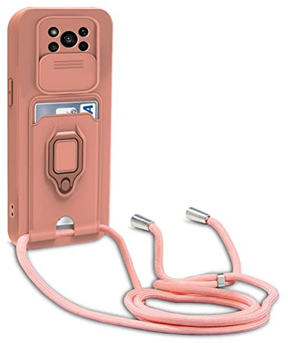 Dllatui Funda Compatible con Xiaomi Poco X3 NFC/Poco X3 Pro,Cuello Cordón Carcasa Silicona Suave,Ranura con Tarjetas,Carcasa Cubierta cámara Deslizante Proteger, Anillo Soporte (Pink)