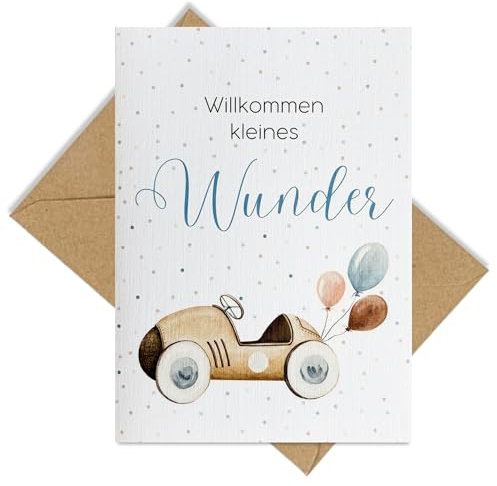 møij Karte zur Geburt aus Leinenkarton inkl. Briefumschlag aus Kraftpapier - modernes Design mit Auto