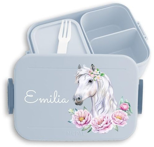 Kinder Bento Box Midi für Mepal Bentobox - Pferd Pferde - Lunchbox Pferdekopf Brotbox Pferdemädchen Geschenk Mädchen I - 900 ml - Hellblau - personalisierte brotdosen vorschulkinder geschenke