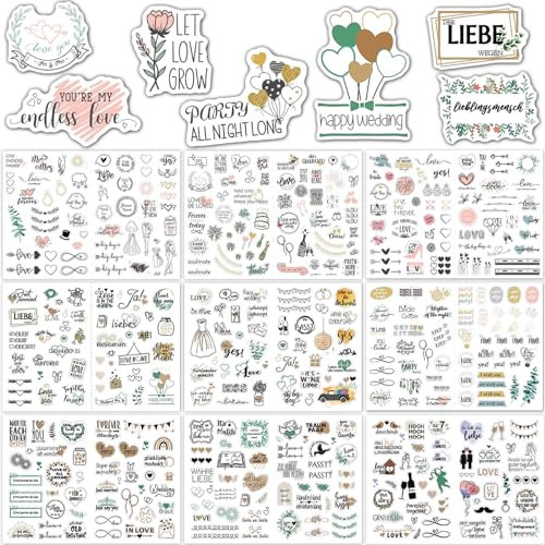 UICCVOKK Hochzeitsaufkleber (496 Motive) Vintage Hochzeit Sticker für Gästebuch, Scrapbooking & Dekoration - Hochwertiges Papier, Selbstklebend, Rot, Geblümt, Indoor, Hochzeitsthema
