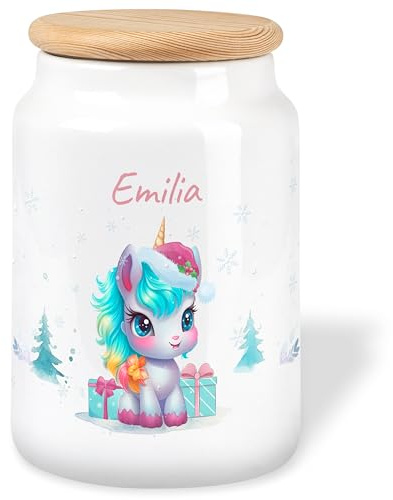 True Statements Keramik Keksdose mit Holzdeckel personalisiert für Mädchen und Jungen - 650ml Vorratsdose für Kinder Aufbewahrungsdose Geschenk zu Weihnachten (Einhorn)