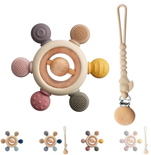 Bosmik Beißring Baby mit Schnullerkette - Zahnungshilfe Baby - Babyspielzeug 0-6 Monate - Erstausstattung Neugeborene - Beißspielzeug, BPA-frei - Geschenkideen für Säuglinge