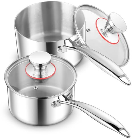 E-far Edelstahl-Kochtopf-Set – 2 Qt & 3 Qt, dreifache Soßentopf mit Deckel zum Kochen von Nudeln, Erwärmen von Milch, kochendem Wasser, kleines Metall-Kochgeschirr für Küche, Induktionsbereit und