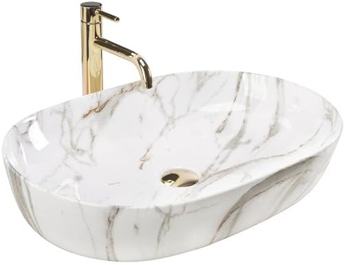 Rea Aufsatzwaschbecken CLEO 61 Shiny Aiax Waschtisch Handwaschbecken Waschschale Waschbecken für Badezimmer aus hochwertiger Keramik 41 x 60,5 x 14 cm (Steinimitation)