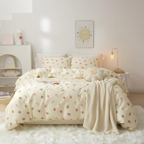 Lanqinglv Bettwäsche 135x200 4teilig Erdbeeren Mädchen Kinder Bettwäsche aus Microfaser,Creme Rosa ÖKO-TEX Bettwäsche Set - 2 Bettbezug mit Reißverschluss und 2 Kissenbezug 80x80