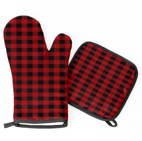 Ufuson Lot de 2 maniques à carreaux rouges et noirs et résistants à la chaleur pour cuisine, barbecue, cadeaux de cuisine