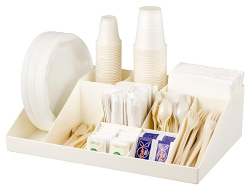 Baroni Home Organizer da caffetteria in Plastica Resistente 10 Scomparti, per Bicchierini, Posate, Zucchero, Cucchiaini, Cannucce e Bicchieri, Funzionale e Facile da Pulire, 44x27x12 cm, Bianco
