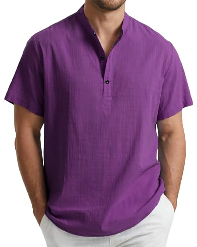 Enlision Camicia Lino Uomo Viola Manica Corta Colletto alla Coreana Magliette Uomo Estivo Serafino Casual Eleganti Tshirt Senza Collo con 3 Bottoni Taglia S