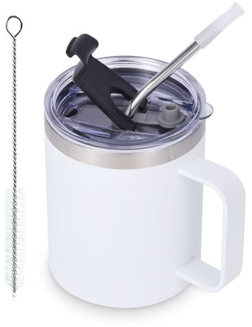Volhoply 12oz Insulated Leakproof Coffee Mug with Sliding & Straw Lid,Double Wall Vacuum Stainless Steel Travel Cafe Tumbler Cup with Handle,Reusable Camping Mugs Keep Cold/Hot(White,1 Set)