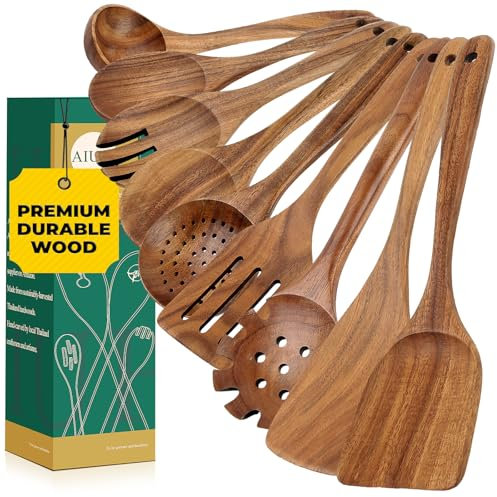 9-Piece Teak Wood Kitchen Utensil Set, Wooden Spoons for Cooking, Wooden Utensils for Cooking
