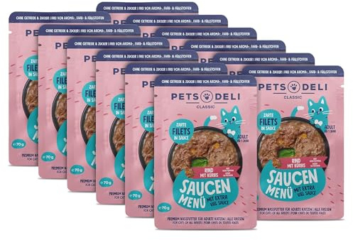 Pets Deli Saucen Menü Nassfutter für Katzen mit Rind & Kürbis, 12x70g | Hoher Anteil Rinderfilet, mit Kürbis für pflanzliche Ballaststoffe, getreidefrei, ohne Zucker, Premium Qualität