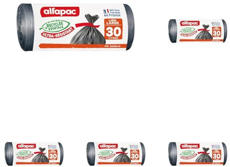 alfapac - 20 sacs-poubelle 30L à Lien Large Ultra-Resistant - Fabriqués en France - Bi-matière Recyclée & Végétale - Noir - Lot de 5