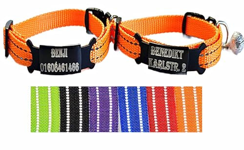 2X personalisiertes Katzenhalsband personalisiert mit Name graviert Katze Halsband reflektierend Leuchtend aus Nylon mit Glöckchen (Orange und Orange)