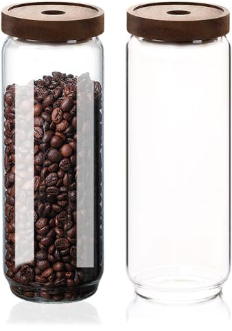 PENGSHU Glass Jars with Lids - Airtight Storage Containers with Dark Wood Lid, Stackable Canisters for Tea, Coffee Bean, Sugar, Cereal, Pasta, Spaghetti, Sweets, Spice (1700ML, Set of 2)