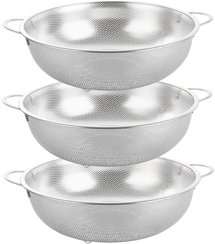 LOLYSIC 3Pcs Colander Stainless Steel, 28.5cm Large Colanders with Handle & Base, Metal Micro Perforated Strainers Colanders for Kitchen Pasta Rice Vegetable Fruit