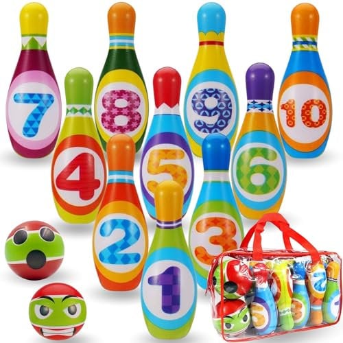 Bowling per Bambini Montessori in Gomma Piuma Grande - Set da 10 Birilli + 2 Palle con Borsa - Gioco Educativo e Sicuro per Bambini 2-7 Anni - Giocattolo da Interno ed Esterno - Idea Regalo Perfetta