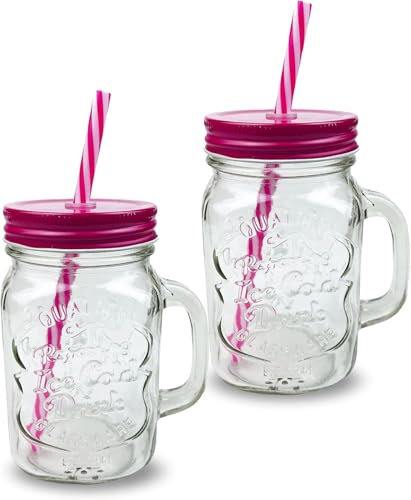 AIBULO 6 Pack 500ml Pink Mason Jars with Lids and Straws – Premium Reusable Glass Drinking Jars for Smoothies, Juices, Iced Coffee, Milkshakes, Bubble Tea – Durable Wide-Mouth Mason Jar Set
