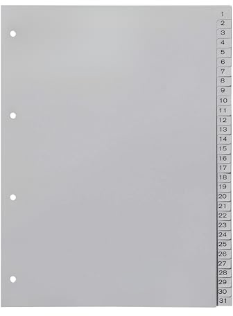 Ordnerregister 1-31, neutral, ohne Deckblatt, 31-teilig, DIN A4, PP, lichtgrau (3er Set)