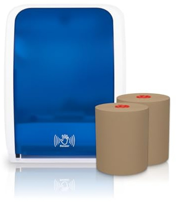 Blanc HYGIENIC COSMOS Sensor-Handtuchspender Blau-Weiß + 2 ECO-Rollen | Günstig & ergiebig für hochfrequentierte Bereiche; berührungslose Einzelblattausgabe, 3 Blattlängen, Sensor-/Auto-Feed-Modus