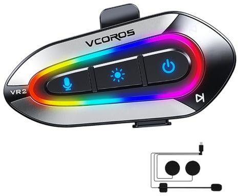 VCOROS Auriculares Casco Moto,VR2 Manos Libres Moto Bluetooth,5.4 Bluetooth Cancelación de Ruido DSP&CVC,Iluminación RGB,IPX6 Impermeable,Respuesta AutomáticaCompatible con Todos Los Cascos 1000mAH