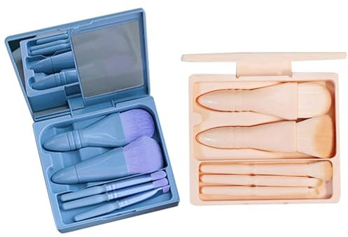 Travel Makeup Brushes Set, 10 PCS Mini Makeup Brush, 2 PCS Cosmetic Brushes Kit with Hard Case and Built-in Mirror for On The Go(Blue and Light Pink)