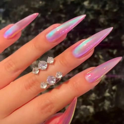 Oval Chrome False Nails - 24Pcs Extra Long Almond Aurora Mirror Pearlescent Press on Nails - Glossy Blue Purple Full Cover Fake Nails with Glue - French Stiletto Long Acrylic Stick on nails Nails Art