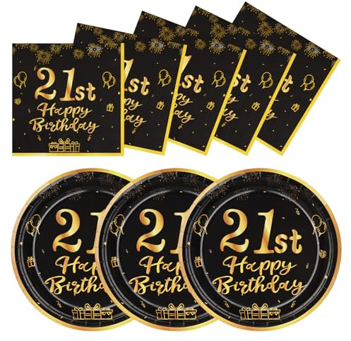 LAWALEISHE 21st Happy Birthday Paper Plates and Napkins, Black Gold 9 Disposable Strong Plates for Parties, 48pcs Party Tableware Set 24 Guests, Birthday Supplies for Table Decorations