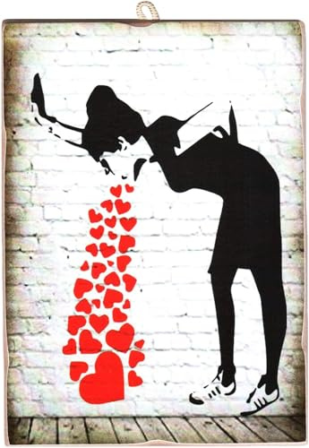 KUSTOM ART Wandbild, Vintage-Stil, Serie Internationale Künstler Banksy Vomitare Herzen Druck auf Holz 10 x 15 cm