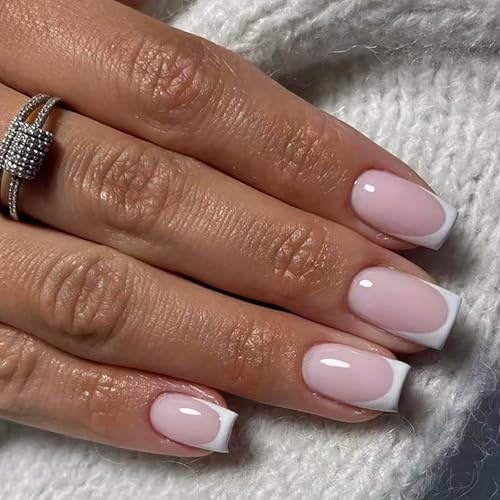 24pcs French False Nails - Light Pink Fake Nails Wiht Glue - Press on nails French Tip - Medium Square Stick on Nails - french Manicure Glue on nails for Women - 12-Size Acrylic Nail Tips Long Lasting