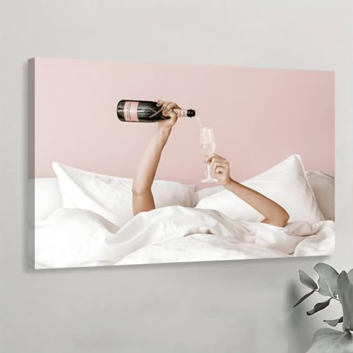 TONGYINLI Leinwandplakat, Champagner im Bett, Poster und Drucke, Wandkunst, Leinwandgemälde, für Schlafzimmer, Wohnzimmer, Flur, Raumdekoration, 60 x 90 cm, rahmenlos