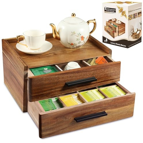 Acacia Wood Tea Bag Organizer, Double-Drawer Tea Box Organiser | Tea Accessories for Tea Organizer and Storage Box, Tea Station Chest Caddy for Countertop Cabinet Office(21-Compartment)