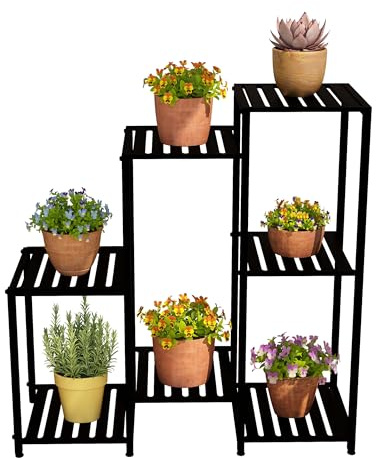 Relaxdays Estantería para Plantas de Metal, 7 Baldas, Flores y Macetas, Escalera Maceteros, 81 x 80 x 28,5 cm, Negro