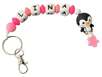 Generisch Personalisierter Schlüsselanhänger mit Namen – Silikon und Acrylperlen & Silikon-Buchstaben – Tiermotiv – Namensanhänger für Kinder und Erwachsene