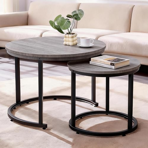 Erlium Runder Couchtisch 2er Set, Wohnzimmertisch mit Schwarz Metallgestell, Beistelltisch Set, Couchtisch mit Glatter Holzoptik, Sofatisch für Wohnzimmer, Schlafzimmer und Büro, Grau