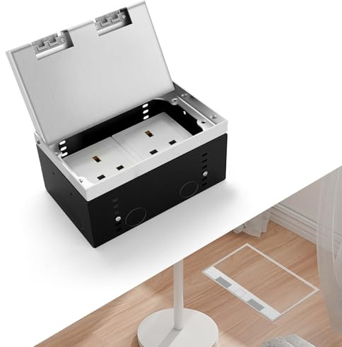 Recessed Floor Socket Box Kit, Hidden 2 x 13A Electrical Outlets with Waterproof & Scratch-Resistant Cover, Pop-Up Recessed Power Socket for Kitchen, Office Floor & Conference Tables (Pure Silver)