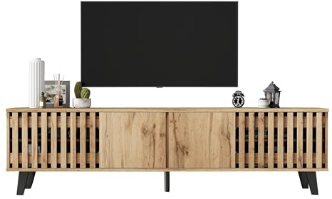 RAPRAP TV Schrank Holz, 180 cm Braun TV Lowboard für Fernseher bis zu 80 Zoll, Rattan Fernsehschrank mit Schranktüren, Schiebetüren, TV-Tisch für Wohnzimmer Schlafzimmer (M)