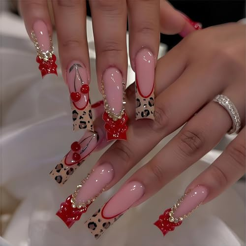 Goiern Ongles Artificiels Forme Cercueil Extra Longs Acrylique Brillant Couverture Totale Carré Style Français avec Motif Collable avec Charms pour Femmes