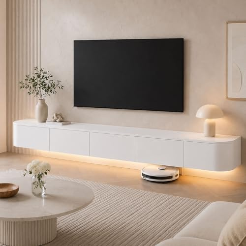 Supporto TV Sospeso 180 Cm Consolle Multimediale Da Parete Mobile TV A Parete Moderno Con Ampio Spazio Portaoggetti Mobiletto Porta TV Televisori Comuni Da 43 A 95 Pollici(White,160cm)