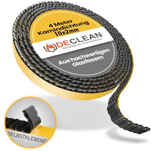 DeClean Kamindichtung Ofendichtschnur – selbstklebendes Ofendichtband – hitzebeständig bis 550° C – aus hochwertigen Glasfasern – Breite 10 x 2mm – Längen: 4 Meter