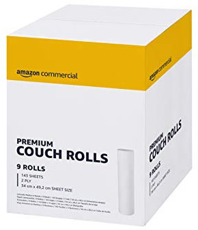 AmazonCommercial Rouleaux Draps d'Examen Rectangulaire, Table de Massage, 2 Epaisseurs Premium, 9 Rouleaux (1 paquet), 50 Mètres / 143 Feuilles per Rouleau, Taille des Feuilles: 34 cm x 49,2 cm, Blanc