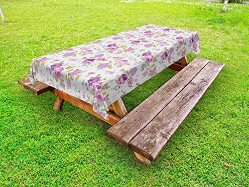 ABAKUHAUS Shabby Flora Outdoor-Tischdecke, Rosen und Veilchen, dekorative waschbare Picknick-Tischdecke, 145 x 305 cm, Mehrfarbig