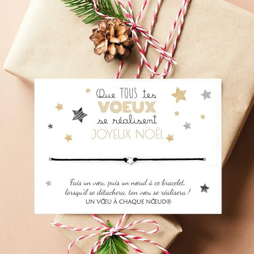 Un Voeu à Chaque Noeud Carte Joyeux Noël Que tous tes vœux se réalisent et son Bracelet porte bonheur - Idée Cadeau invité