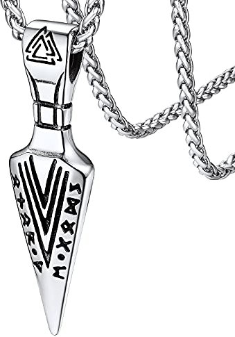 FaithHeart Viking Spear Head Pendant Necklace for Men, Stainless Steel Norse Valknut Arrow Jewellery Protective Amulet Gifts